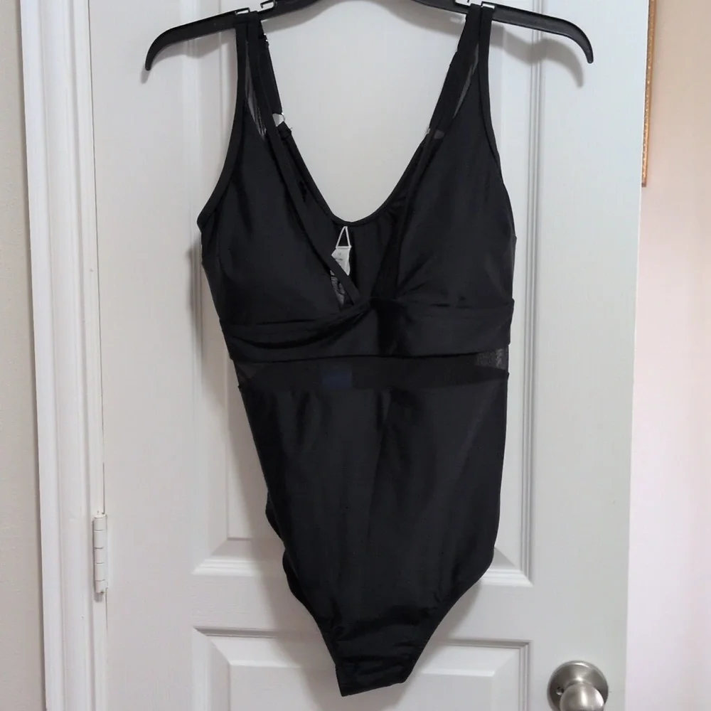 Low Cut Black One Piece Bathing Suit With Mesh - Picture 3 of 8